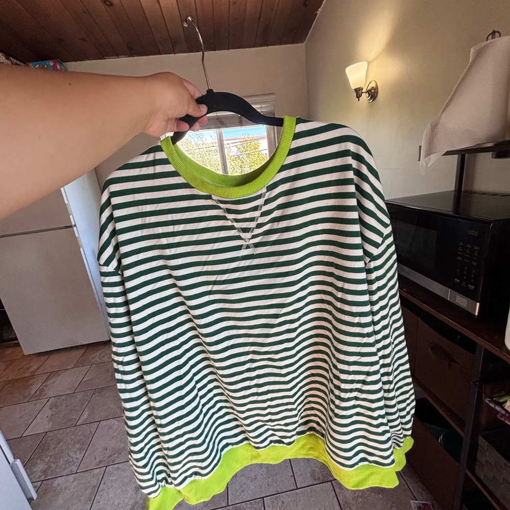 Green and White Striped Sweater